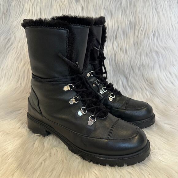 Stuart Weitzman Luge Boots Leather Faux Shearling Lace Up Mid Calf Combat Boots - Picture 3 of 16